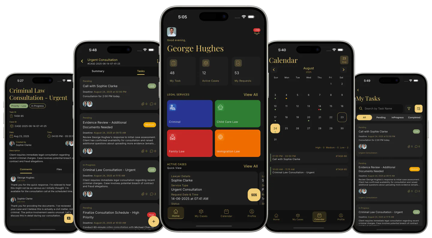 Not Guilty App — showing dashboard, legal services, calendar and tasks across multiple screens